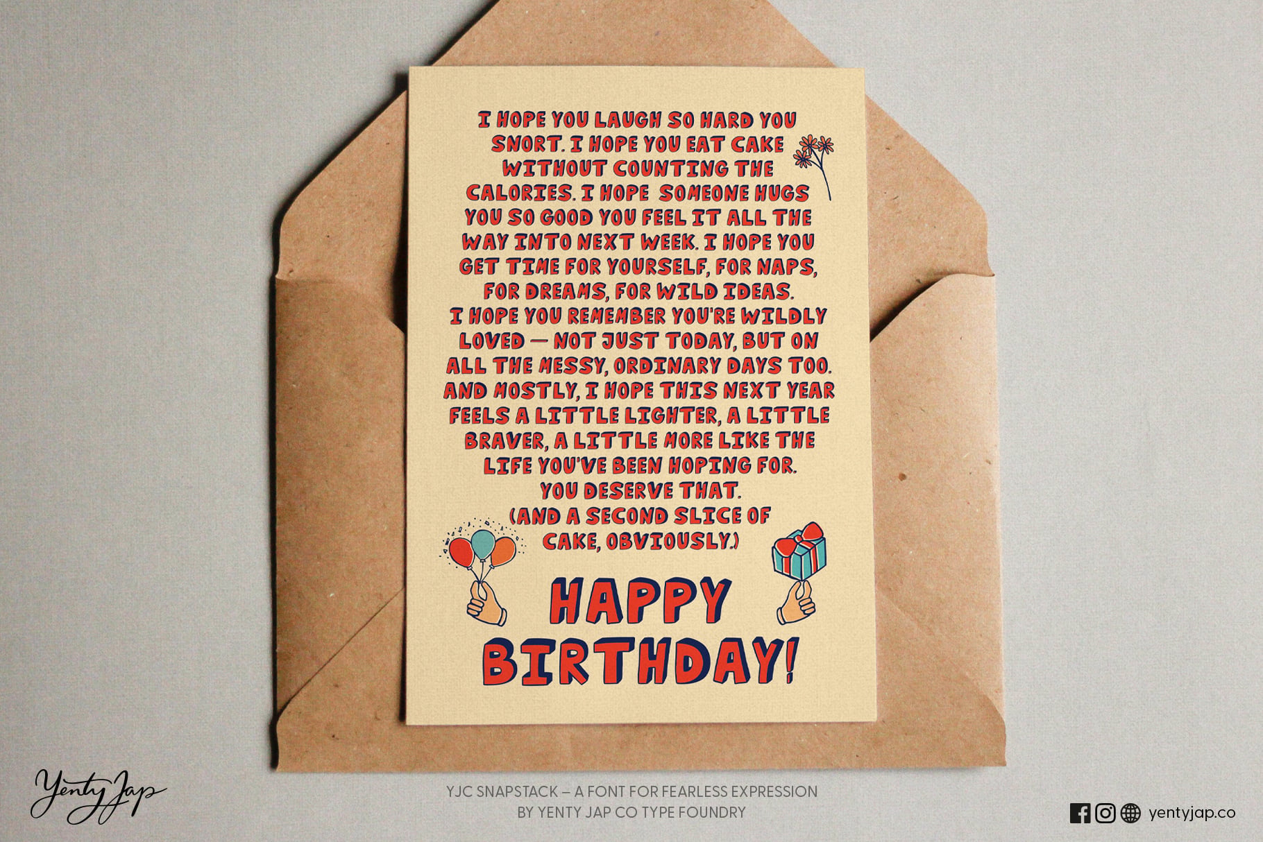 Birthday card with long motivational message, balloon gift illustrations in kraft envelope