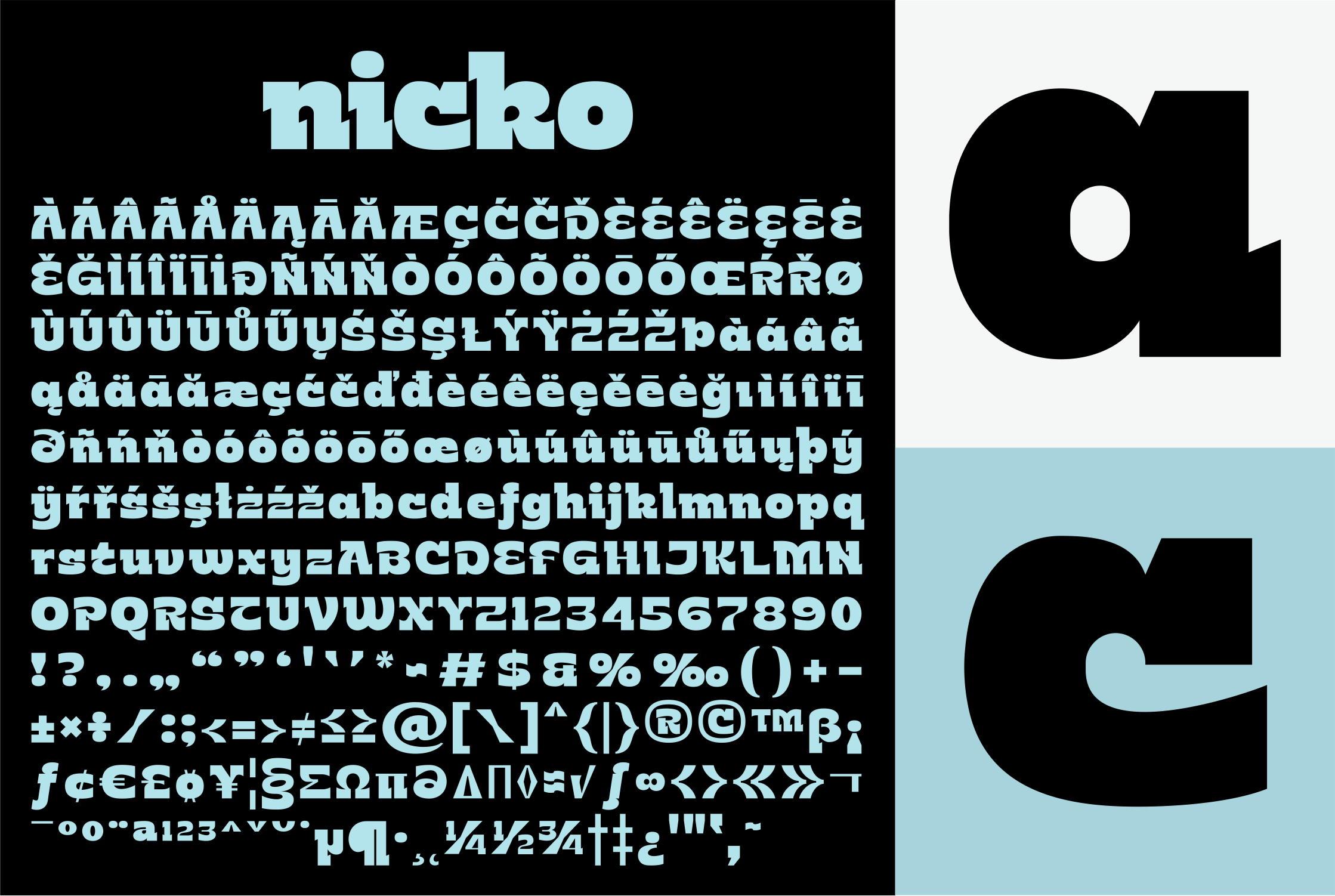 Nicko font sample with diacritical marks, numerals, symbols on black split layout