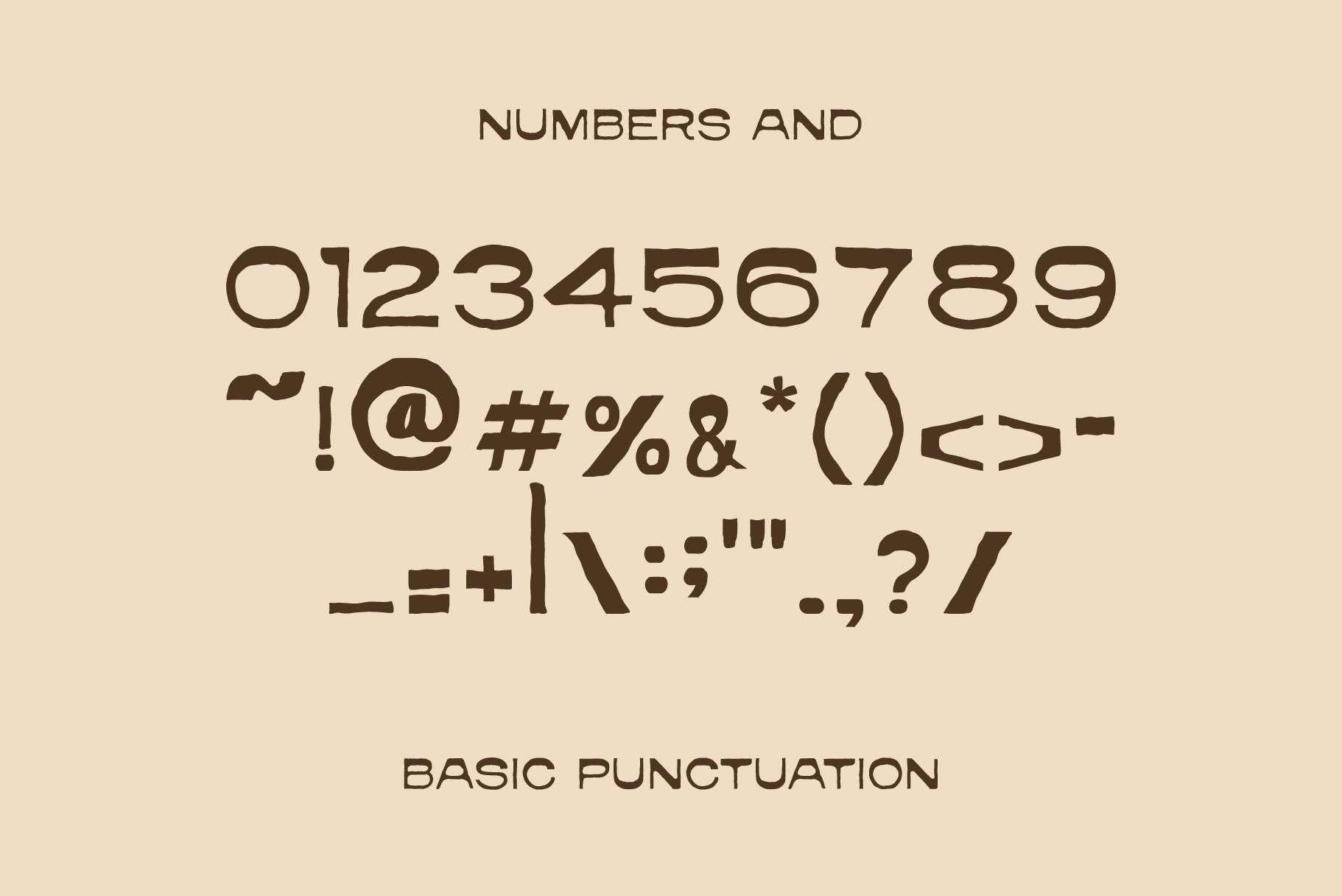 Font character set showing numbers, punctuation, special symbols