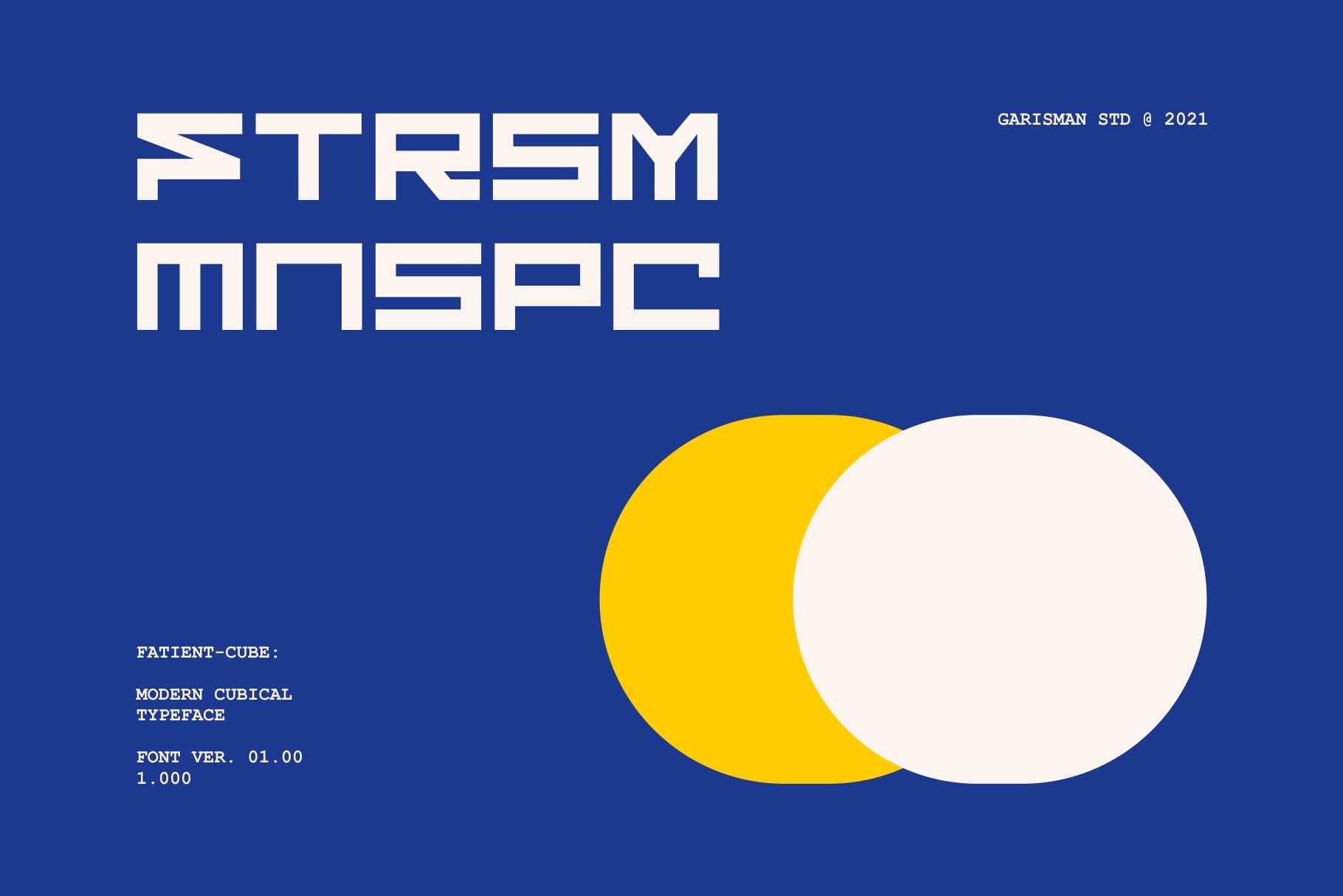 Strsm Mnspc typeface sample showing geometric sans serif font design
