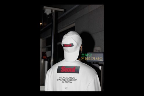 White sweater and cap featuring Seoul text design perfect for sweater mockup or urban streetwear graphics. Ideal for designers seeking trendy templates.