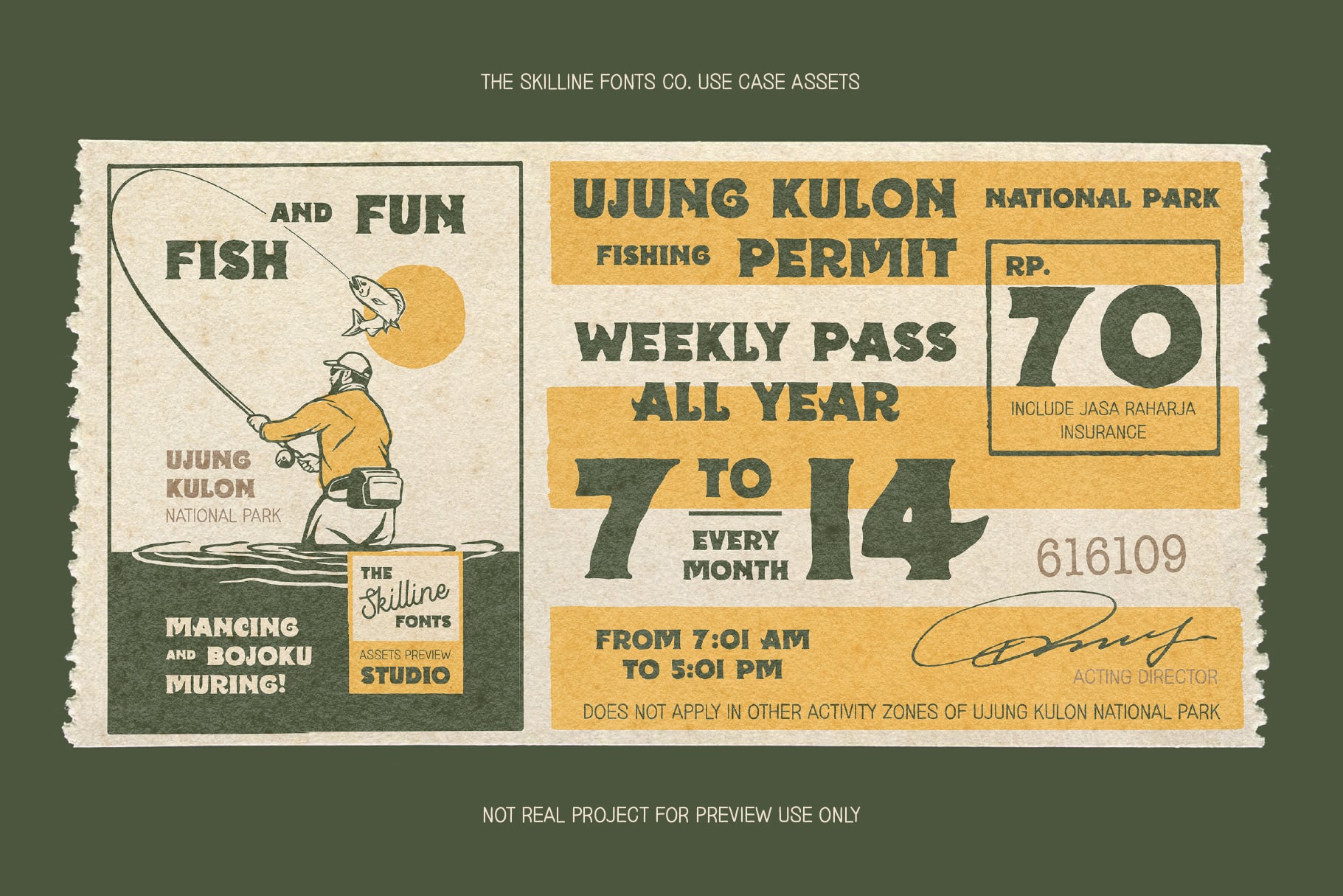 Vintage fishing permit mockup with kite festival poster layout in green, yellow, cream