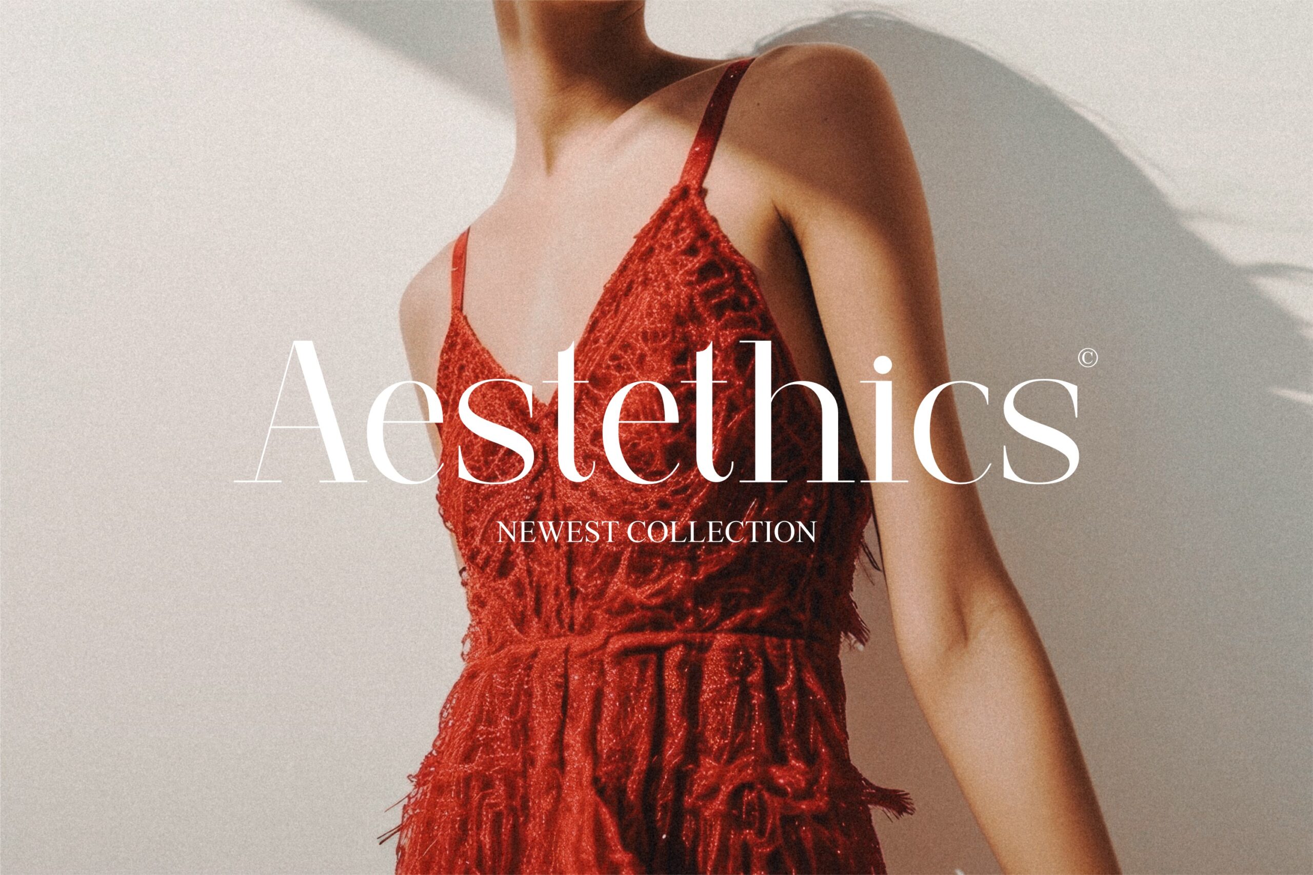 Woman in red sequin halter dress with Aesthetics text overlay for newest collection
