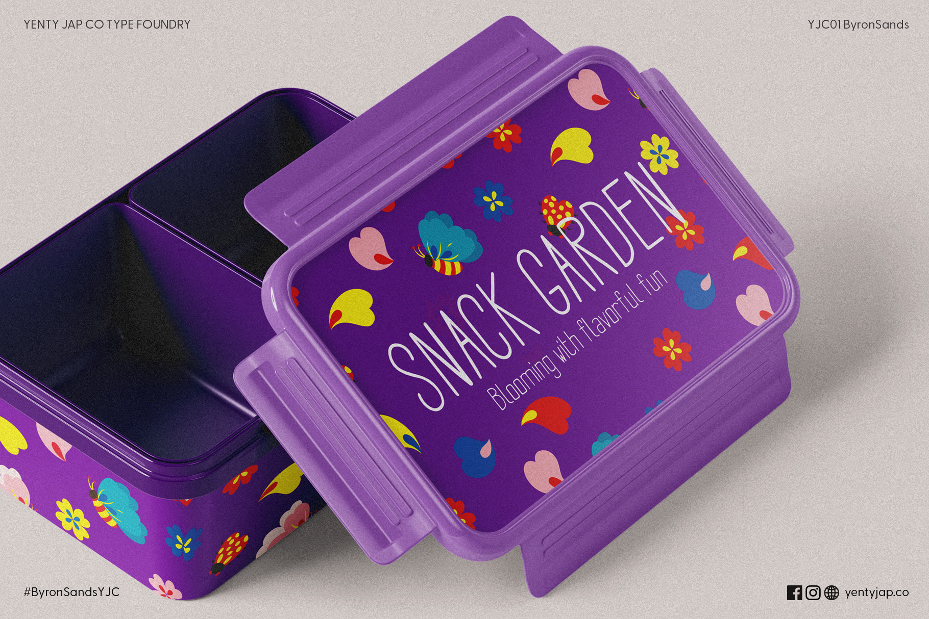 Purple snack container with colorful floral pattern using Byron Sands