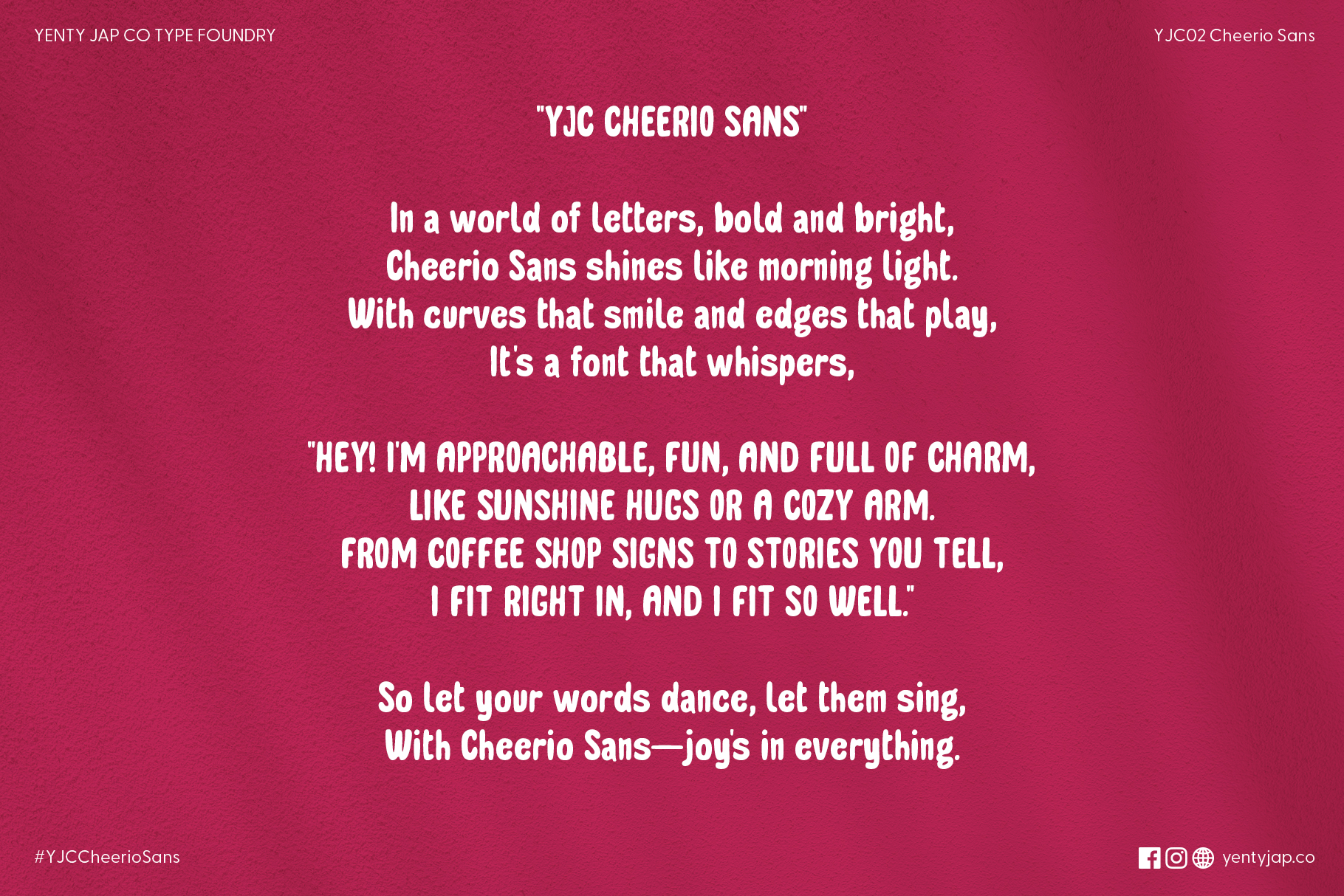 Poetic description of Cheerio Sans typeface on burgundy background with quotes