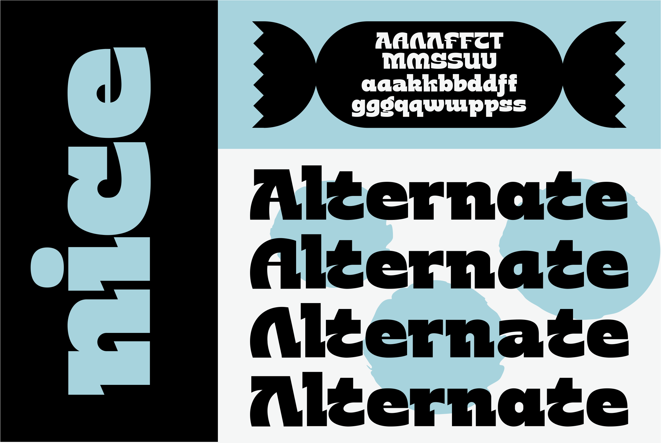 Heavy slab serif font showing character set with decorative candy wrapper shapes