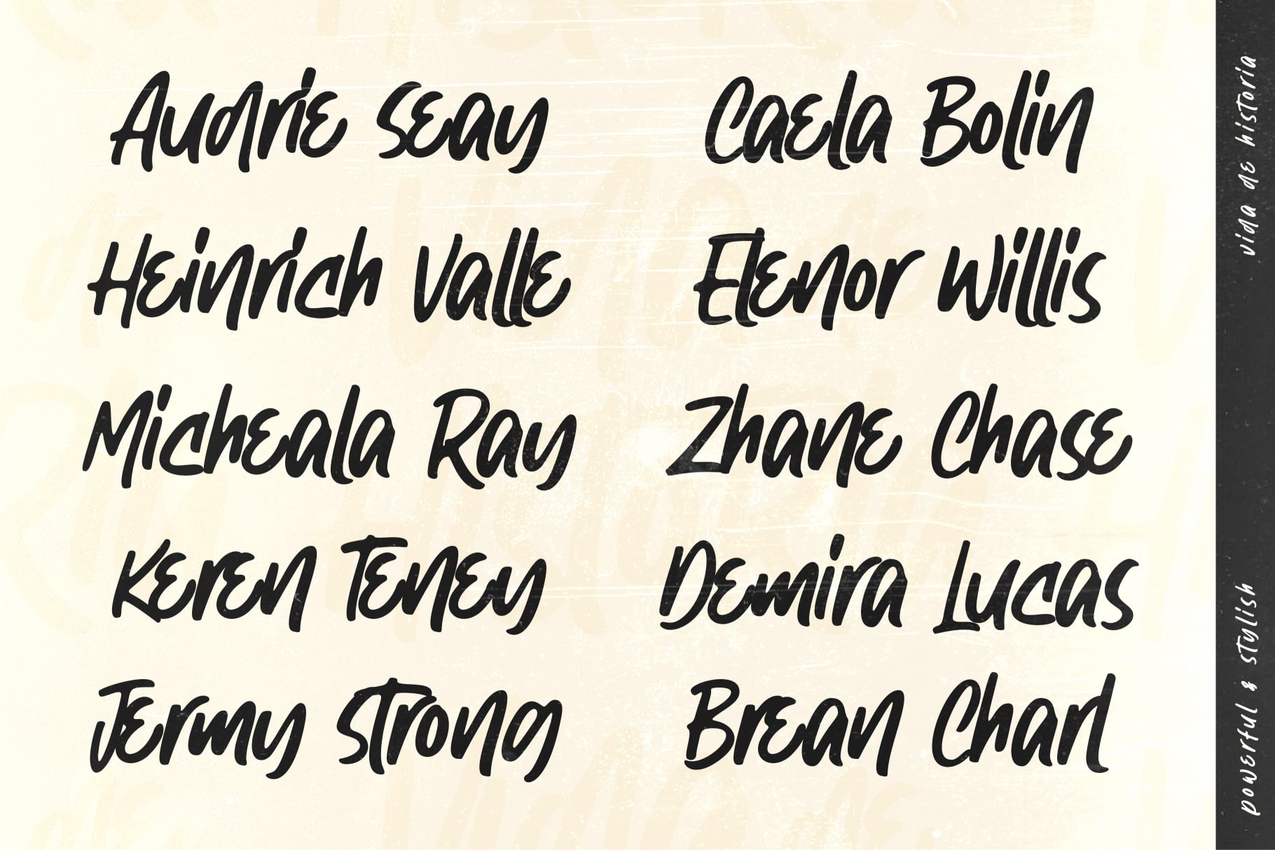 Cream background showing handwritten names in two columns with vertical sidebar