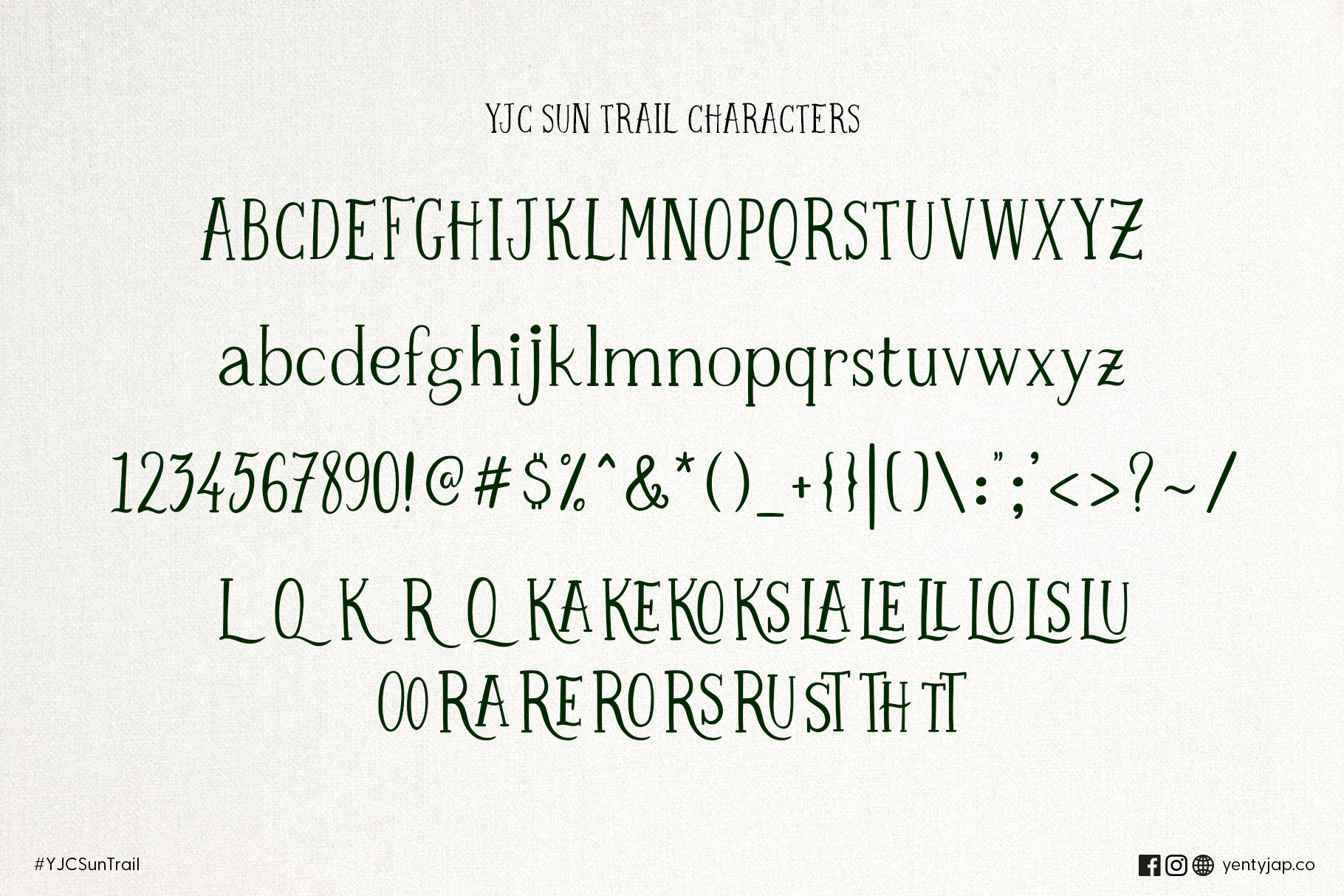 YJC Sun Trail font specimen showing uppercase, lowercase, numbers, symbols on textured paper