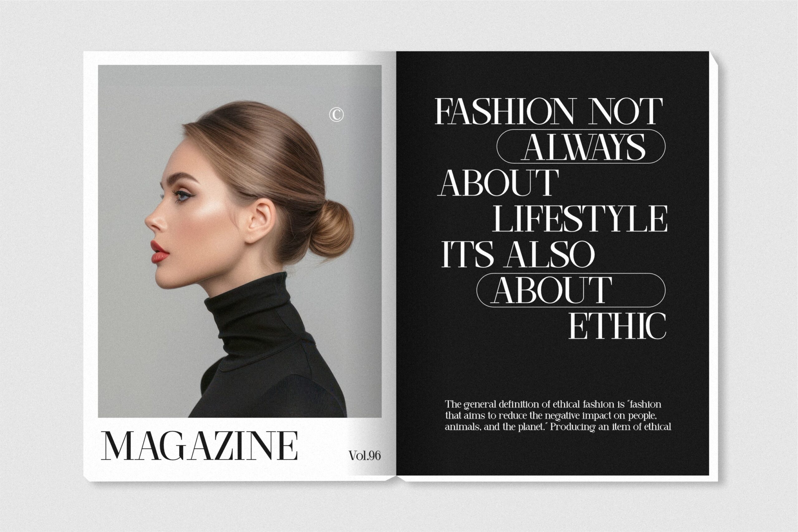 Magazine spread mockup with woman portrait, ethical fashion article layout