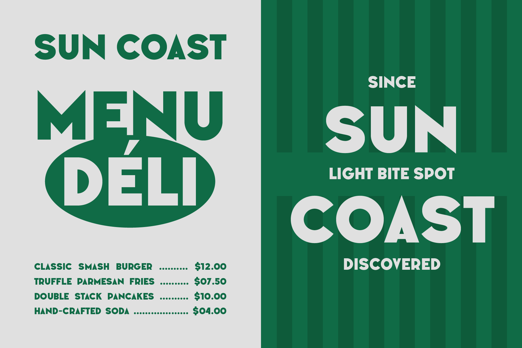 Sun Coast Menu Deli two-page spread with burger prices, striped green design