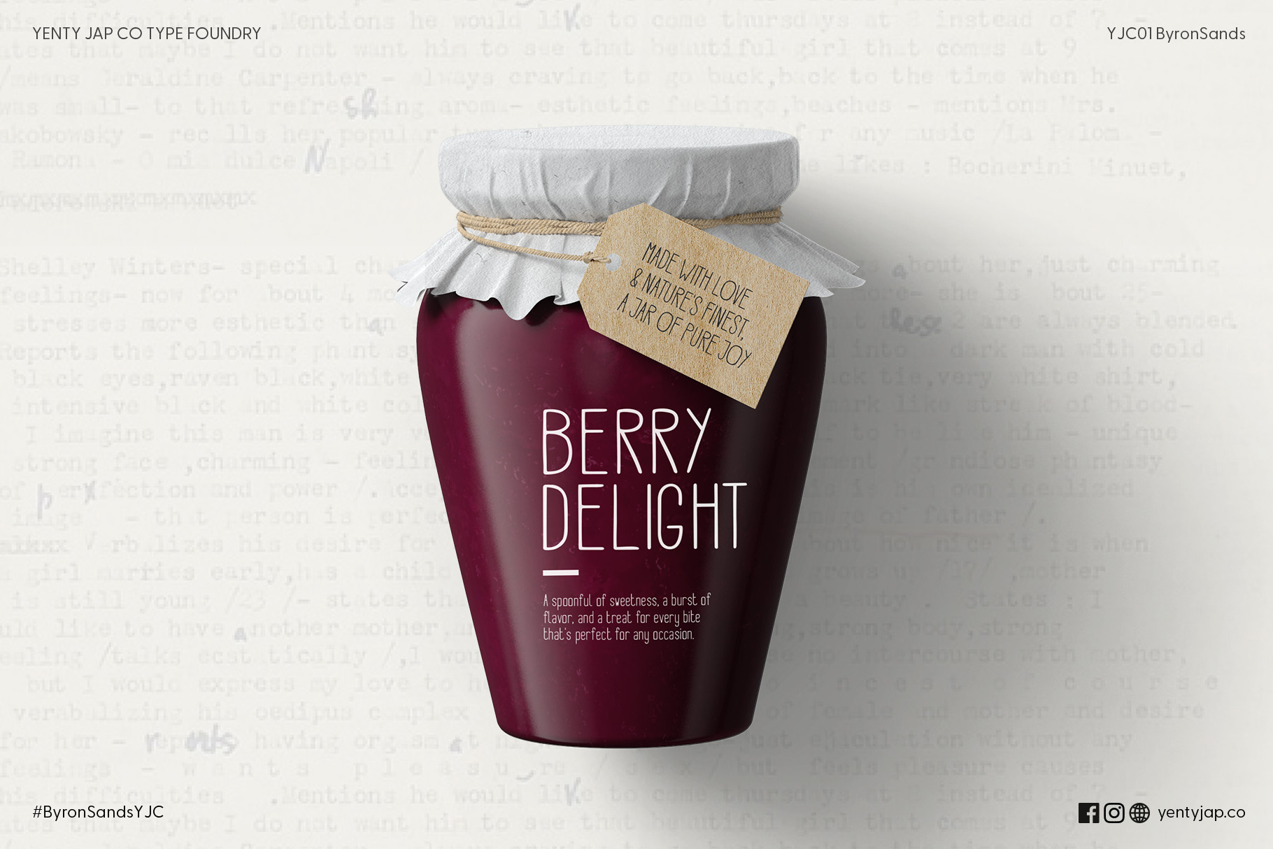Dark jam jar with wooden tag label featuring Byron Sands typeface