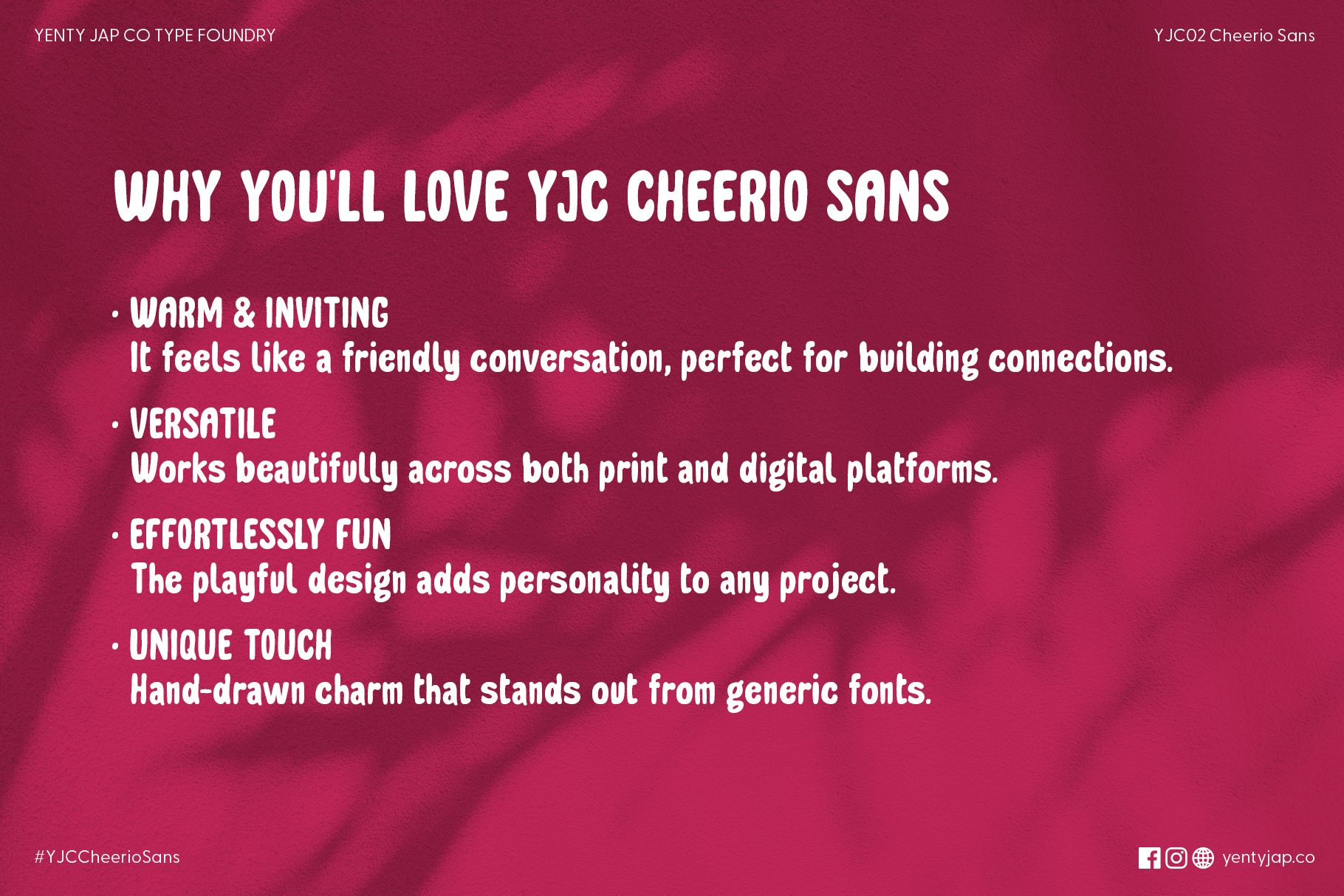 Benefits list for Cheerio Sans highlighting warm, versatile, fun, unique qualities