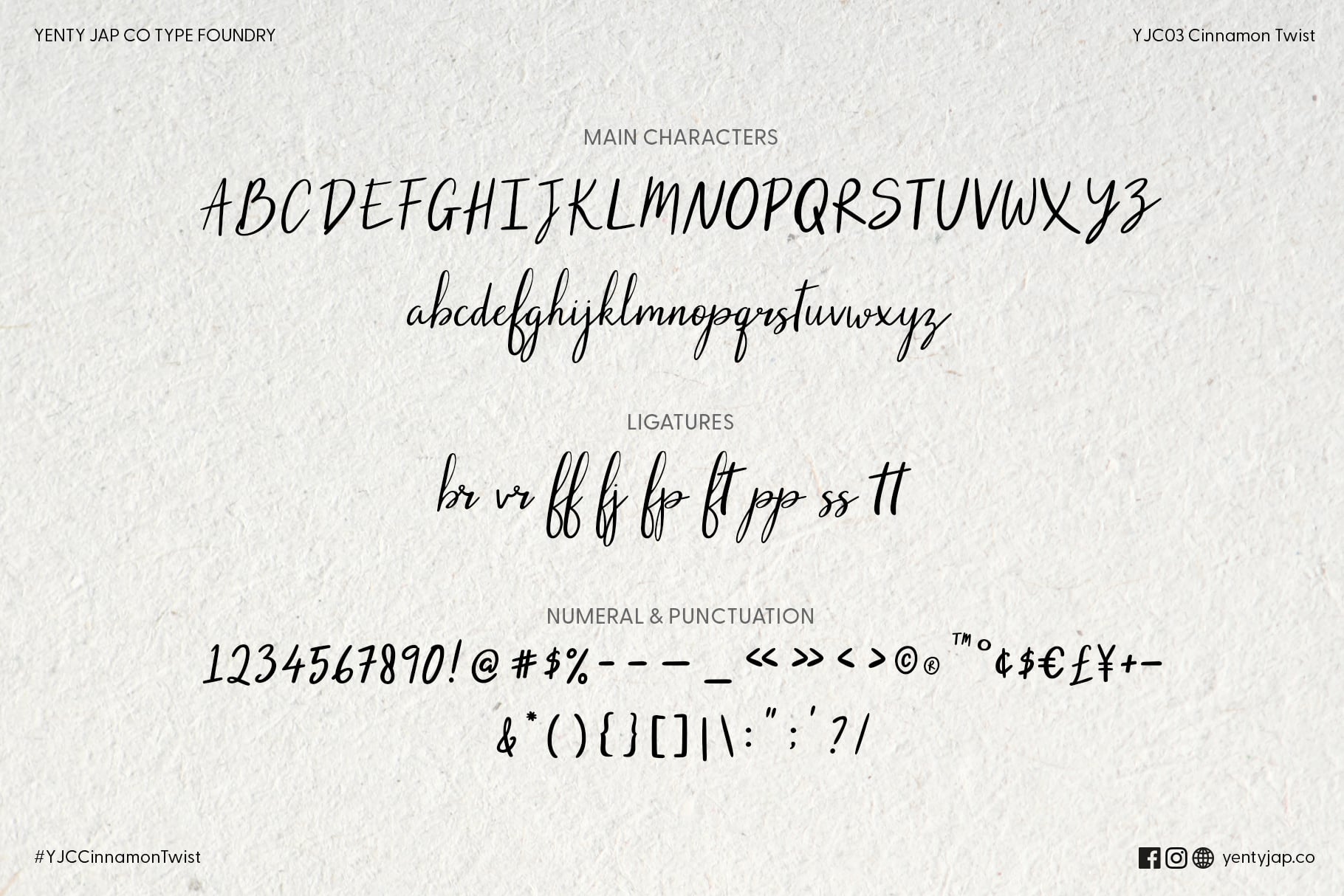 Cinnamon Twist font character set showing uppercase, lowercase, ligatures, numbers plus symbols