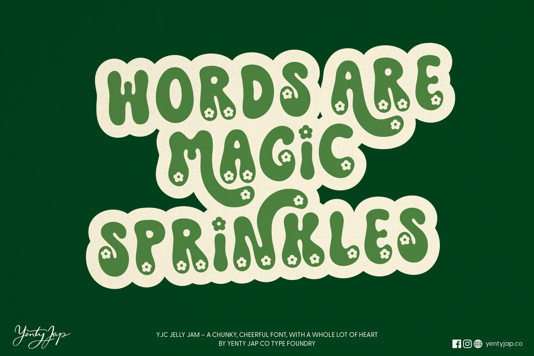 Words Are Magic Sprinkles in chunky rounded letters on green background