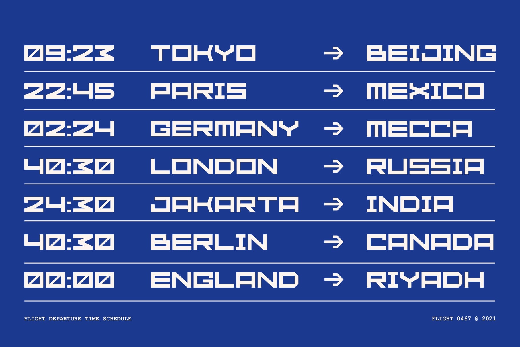 Flight schedule board with cities, times, departure arrows on blue background