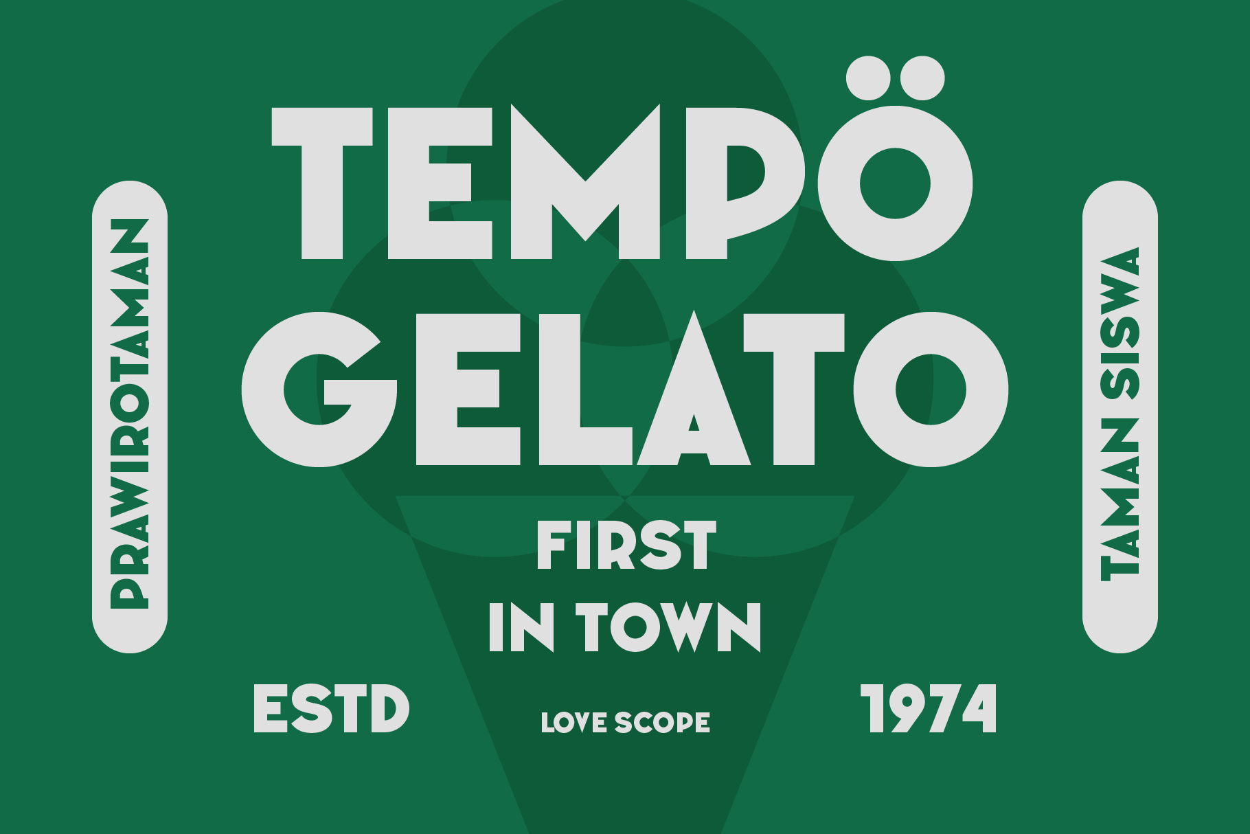 Tempo Gelato retro ice cream shop logo with oval badge, green palette, 1974