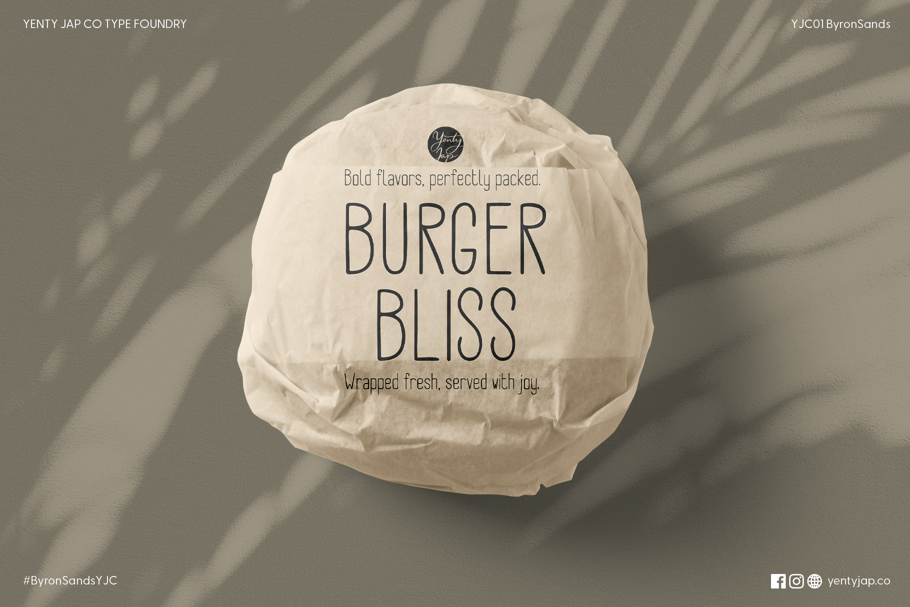 Burger wrapper mockup showing Byron Sands font with tagline text