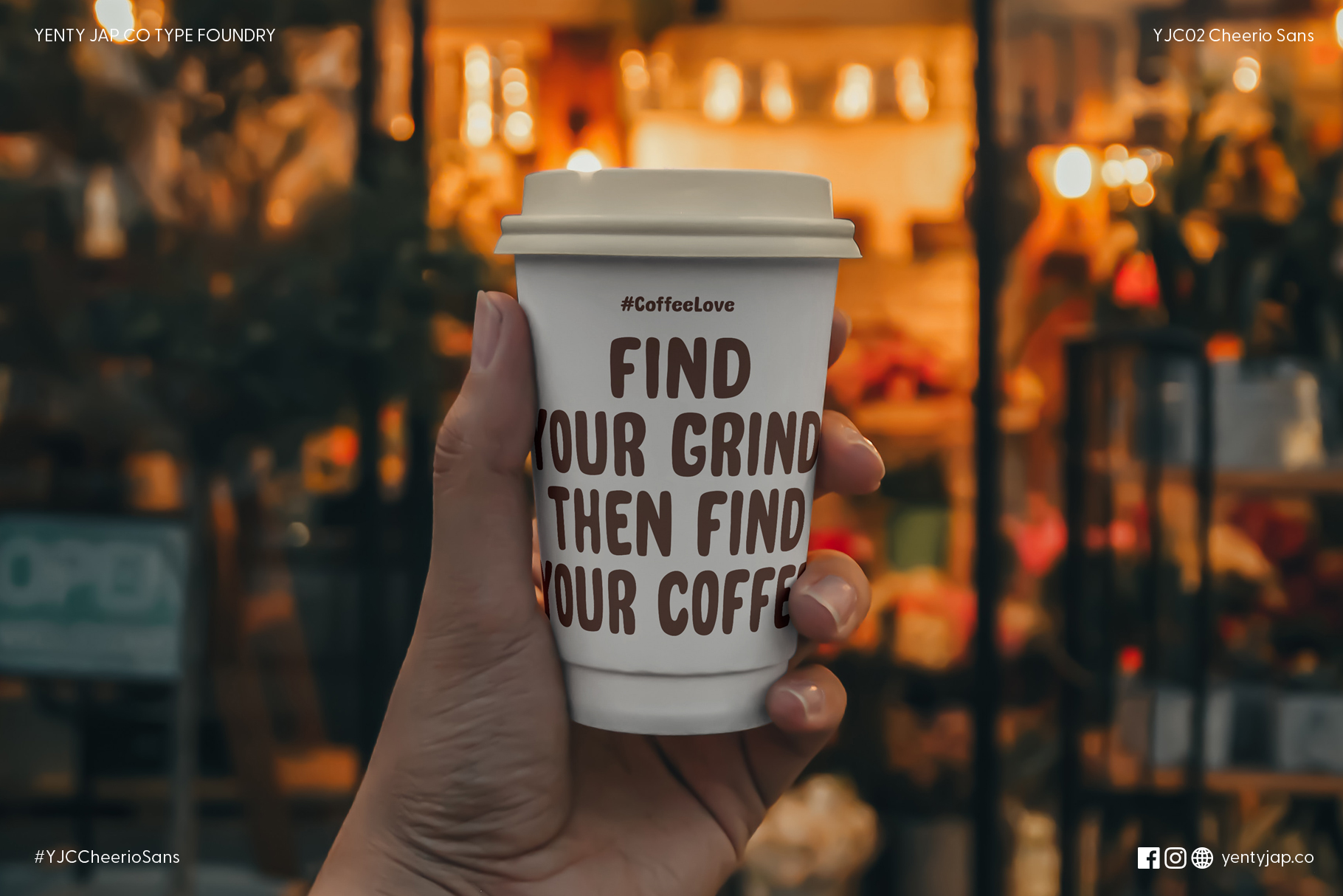 Coffee cup mockup held in hand displaying motivational text about grinding