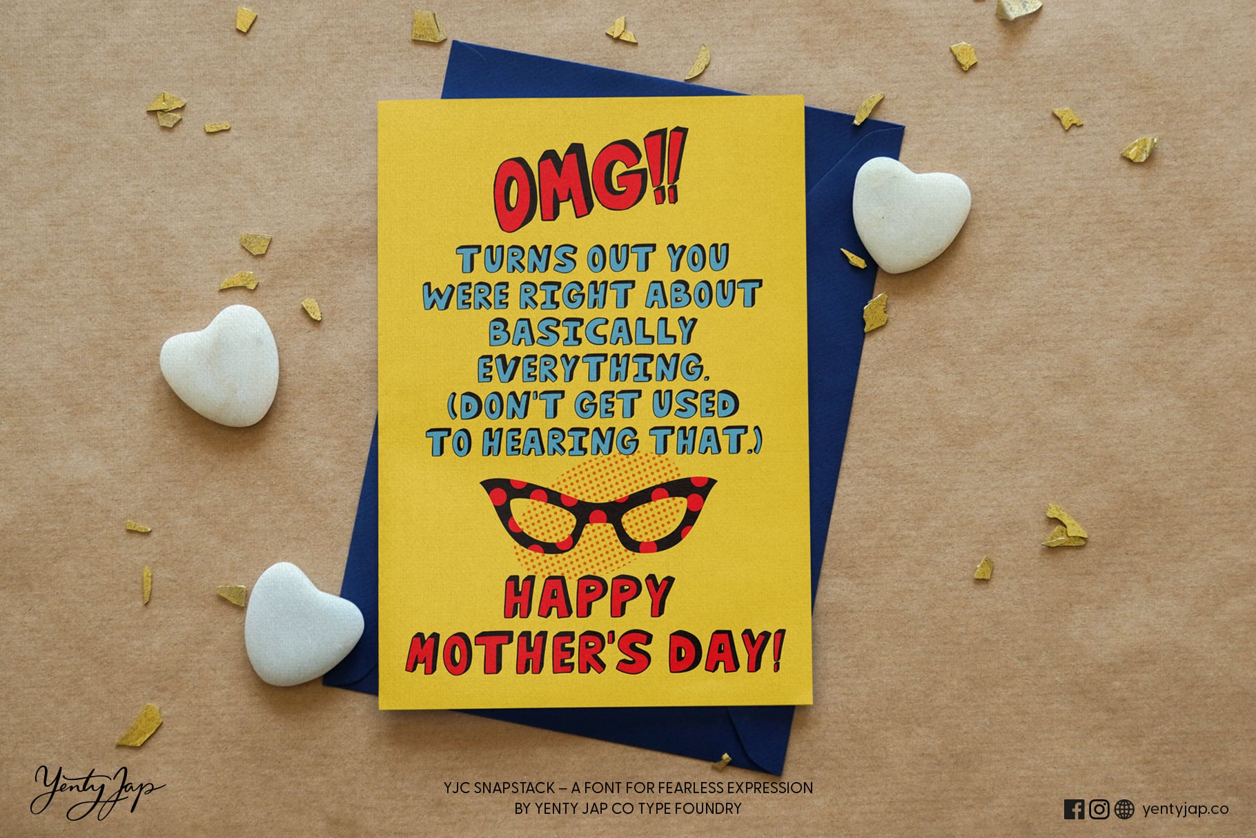 Mother's Day card with OMG text, funny message, sunglasses graphic, white hearts scattered around