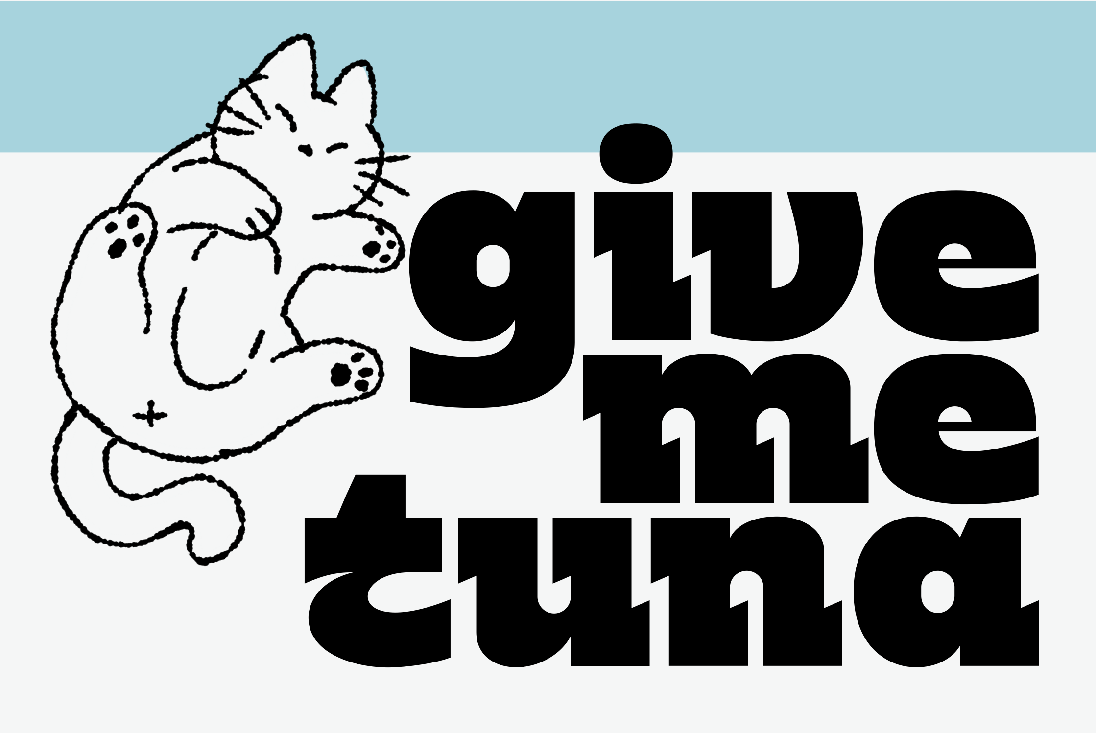 Hand-drawn lucky cat with bold sans serif text saying 'give me coins' in black
