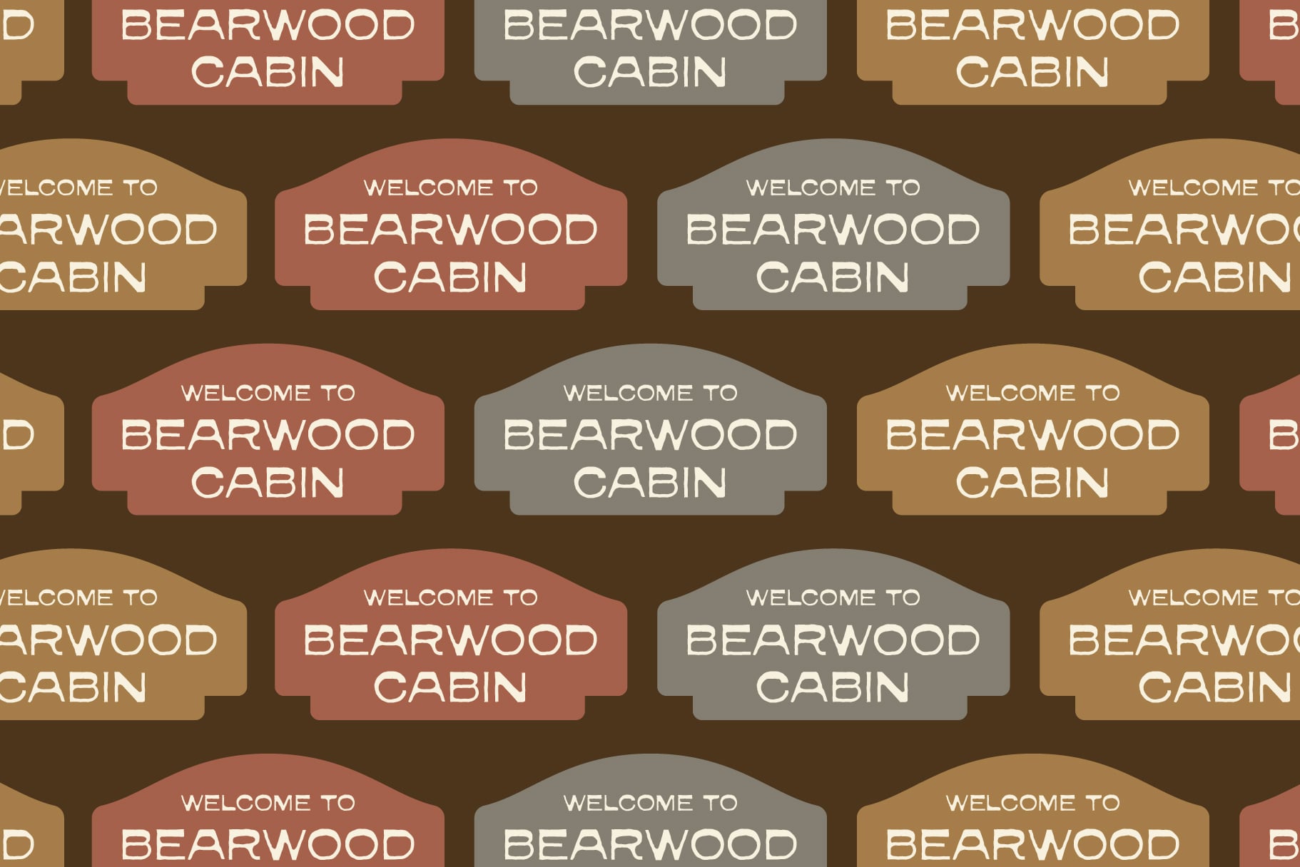 Repeating welcome badges for Bearwood Cabin in rust, gray, tan colors