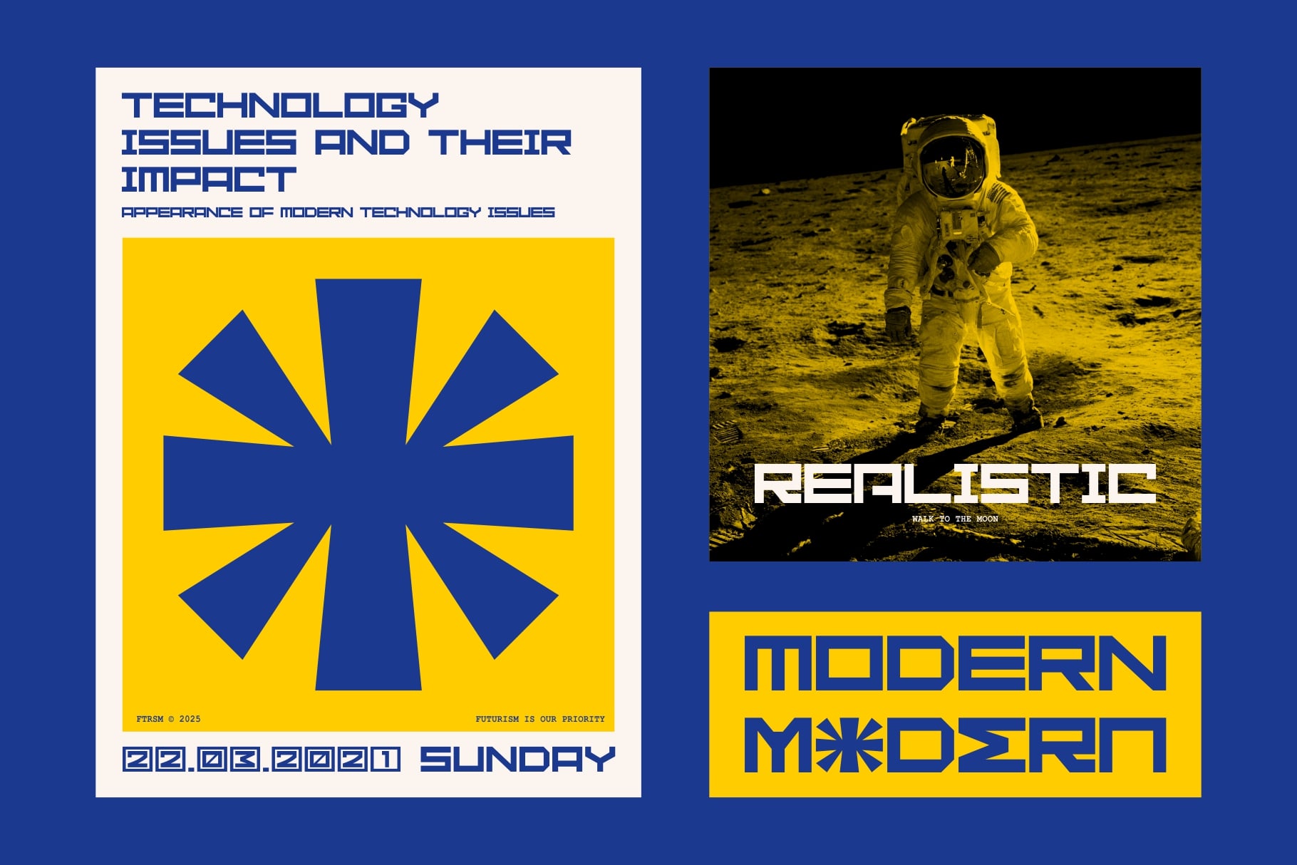 Blue, yellow poster split showing tech issues layout with astronaut moon photo