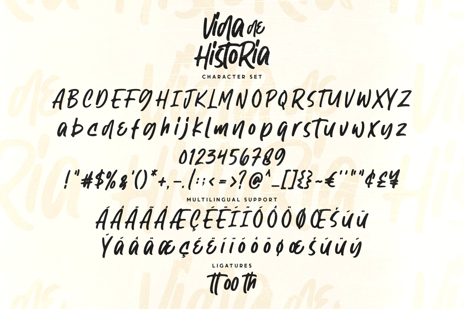 Vida De Historia font specimen with full character set, numbers, accents