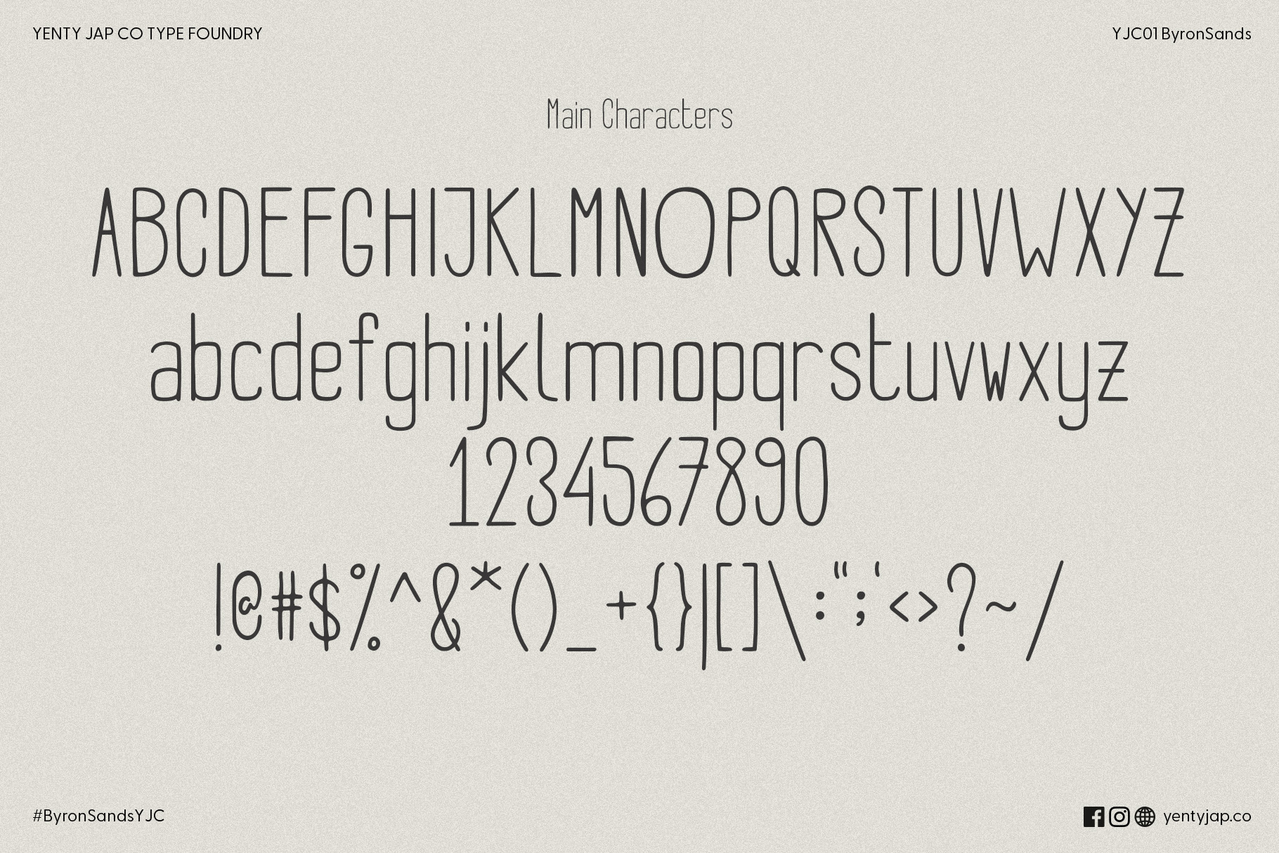 Byron Sands character set showing uppercase, lowercase, numerals, punctuation marks