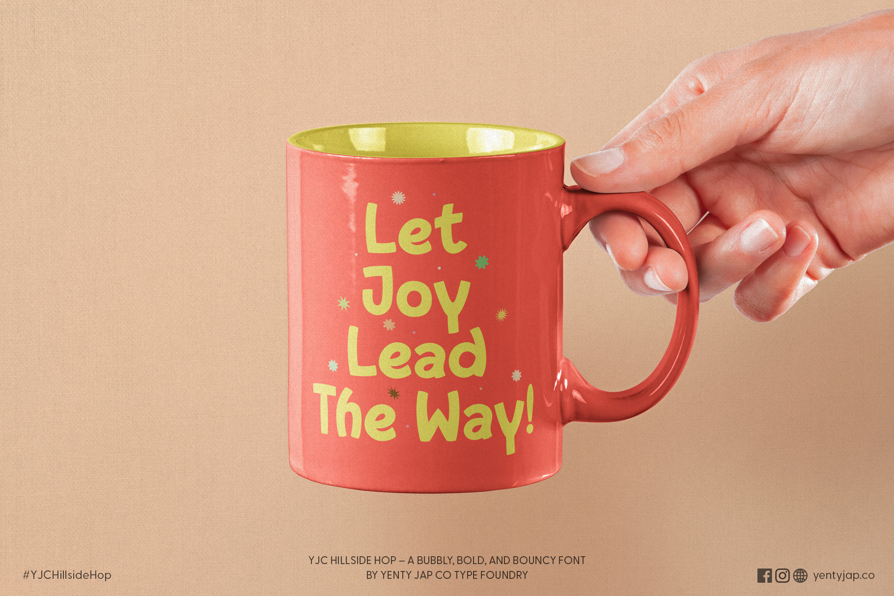 Red mug mockup with yellow text reading Let Joy Lead The Way