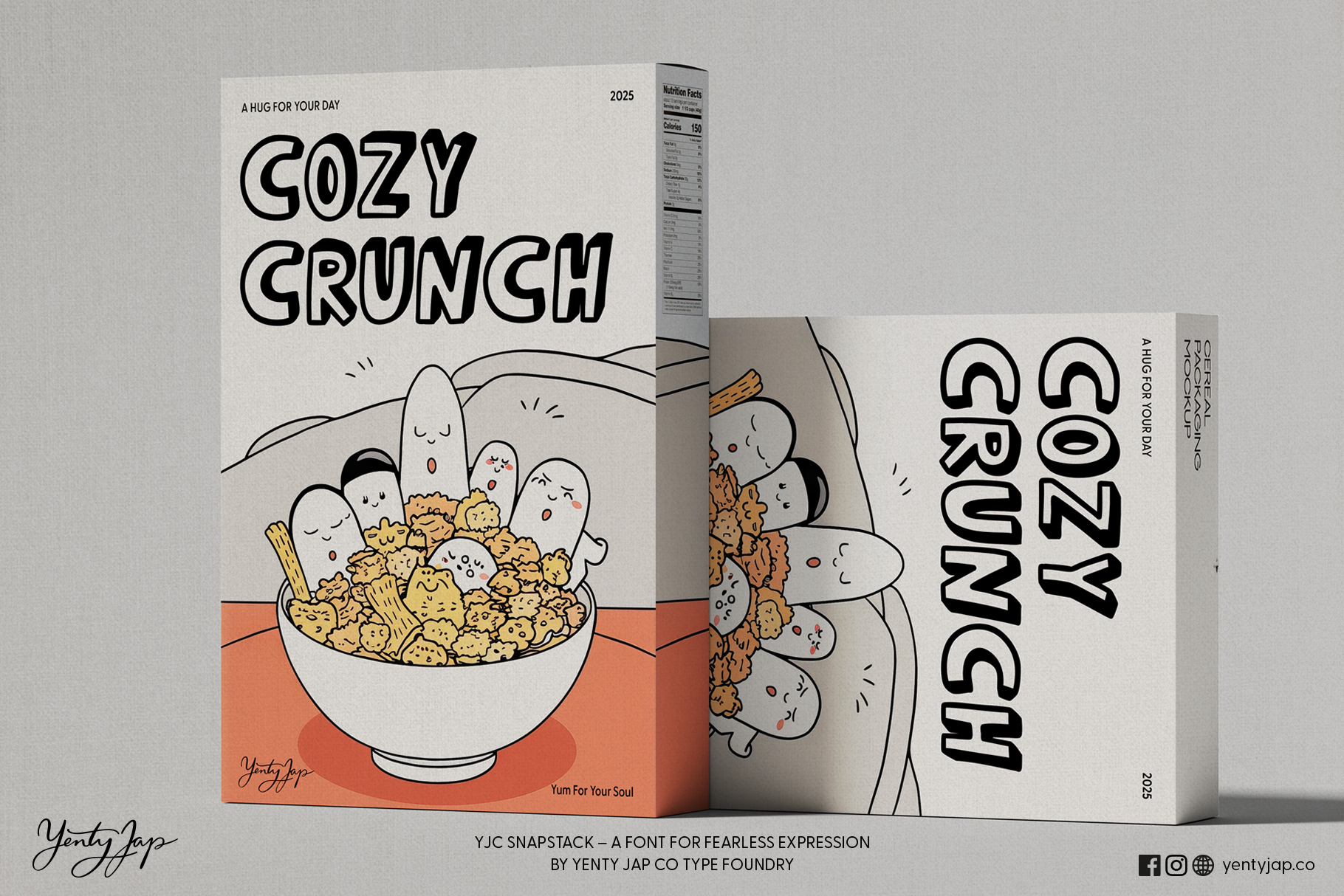 Cozy Crunch cereal box mockup with illustrated ghost mascot in bowl of cereal