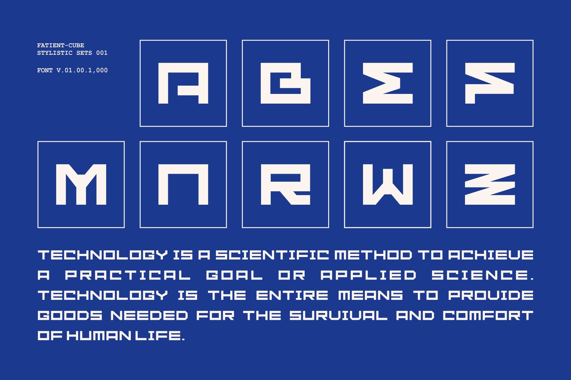 Patient-Cube stylistic sets showing nine geometric letter variations