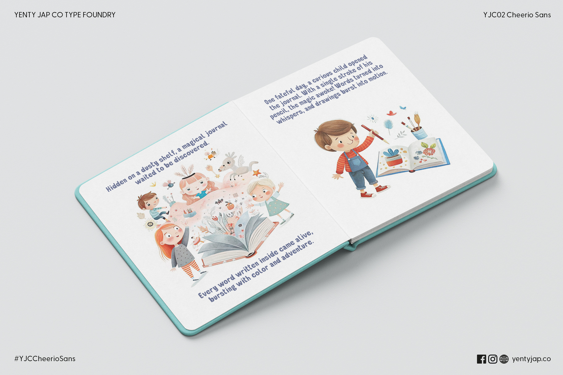 Children's storybook mockup open showing illustrations of kids with magical journal