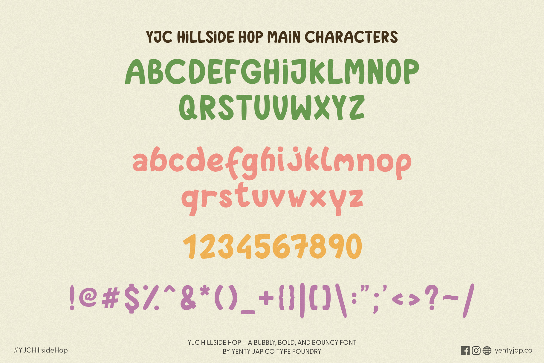 Character set showing uppercase, lowercase, numbers, symbols in green, pink, orange, purple