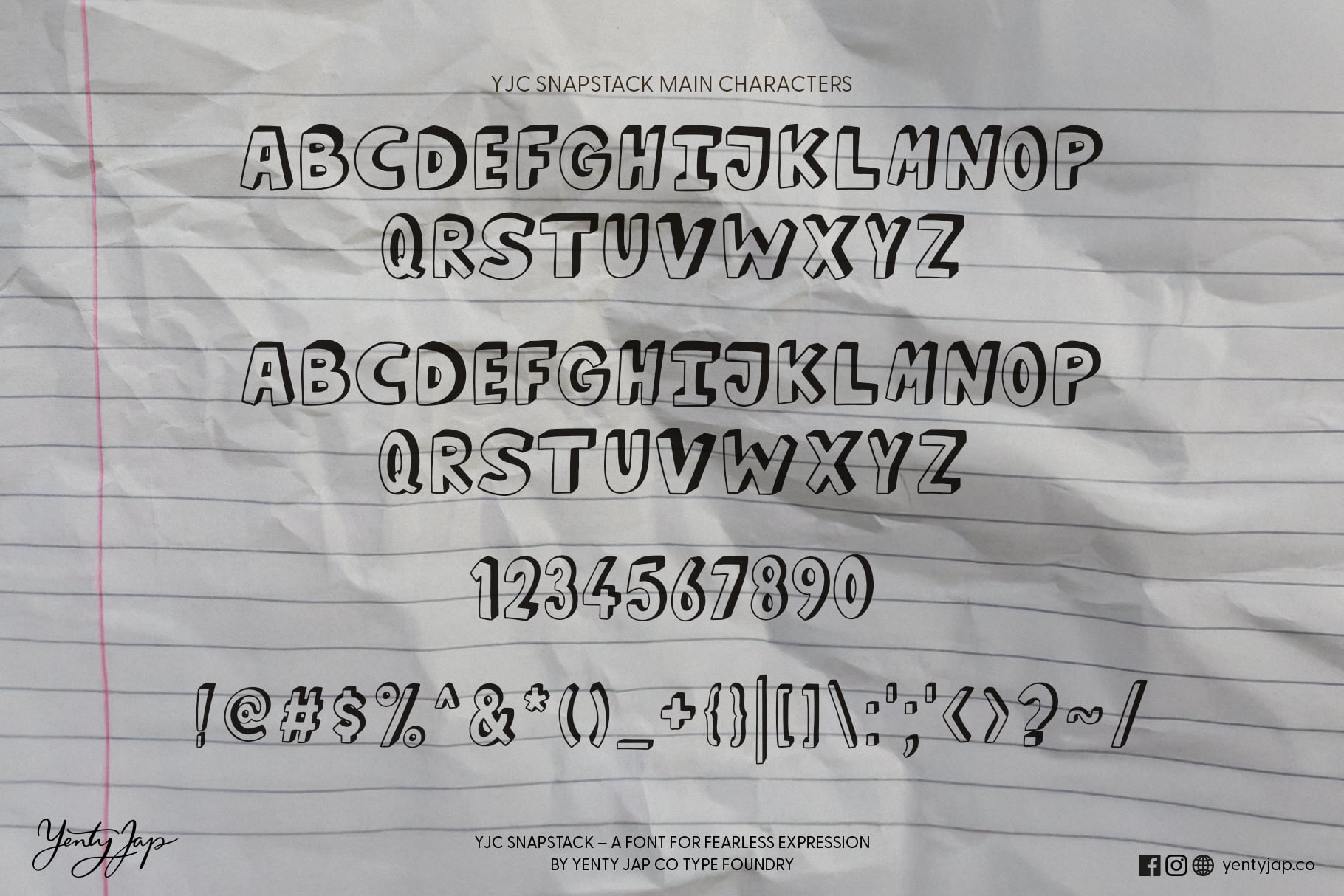 YJC Snapstack font showing uppercase letters, lowercase, numbers, symbols on lined paper