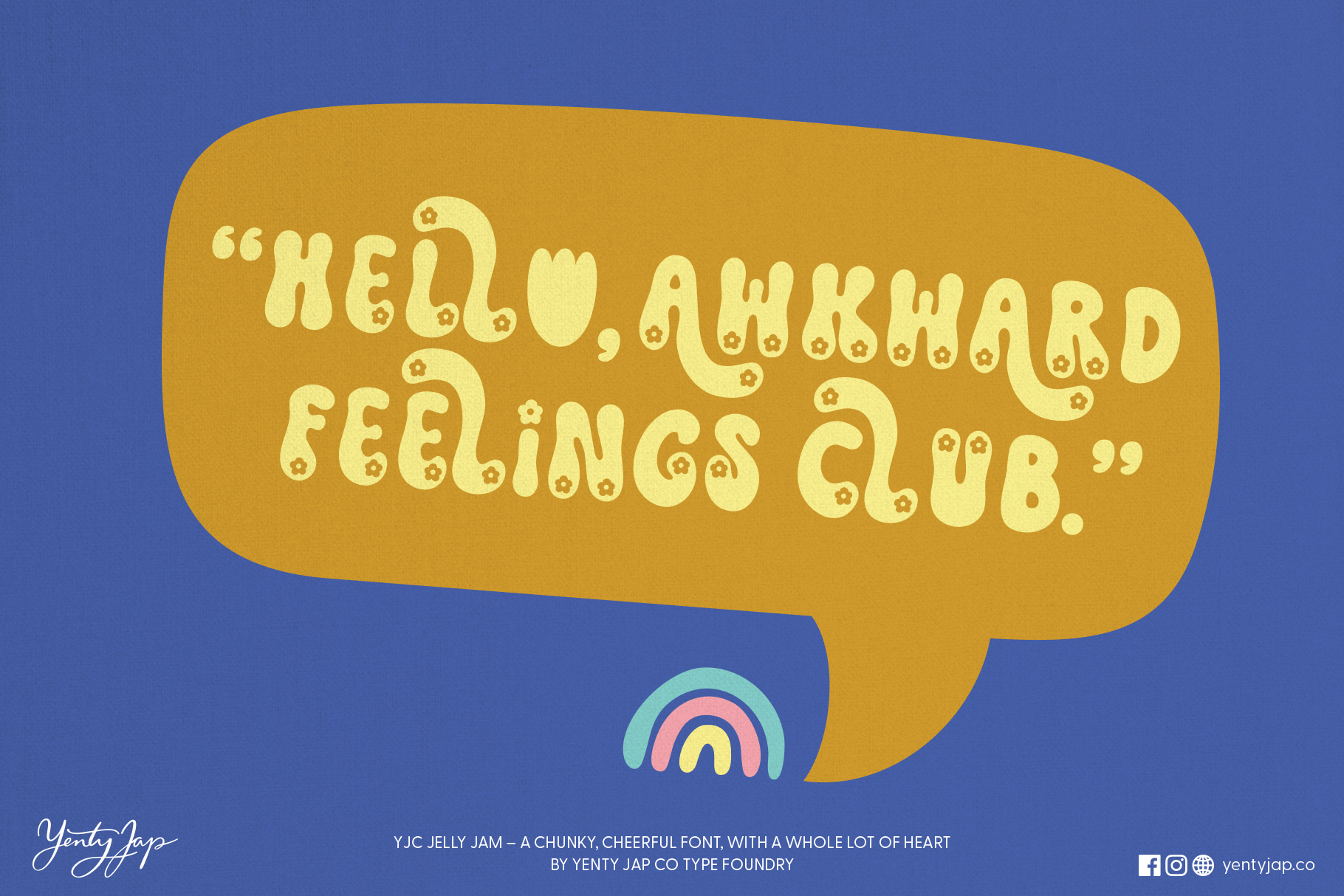 Hello awkward feelings club quote in yellow font on mustard speech bubble