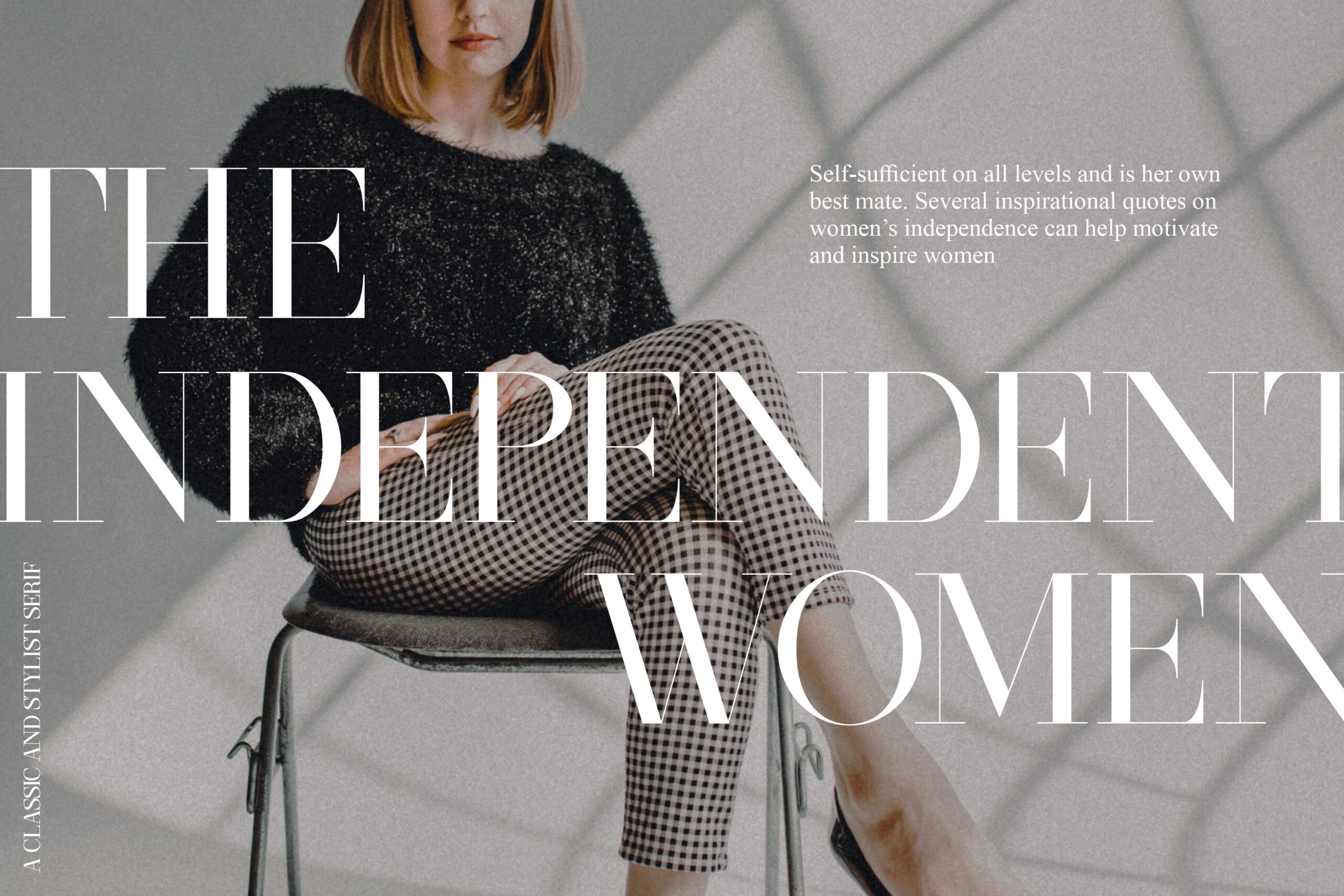 Magazine cover layout with woman in black sweater, bold serif headline text