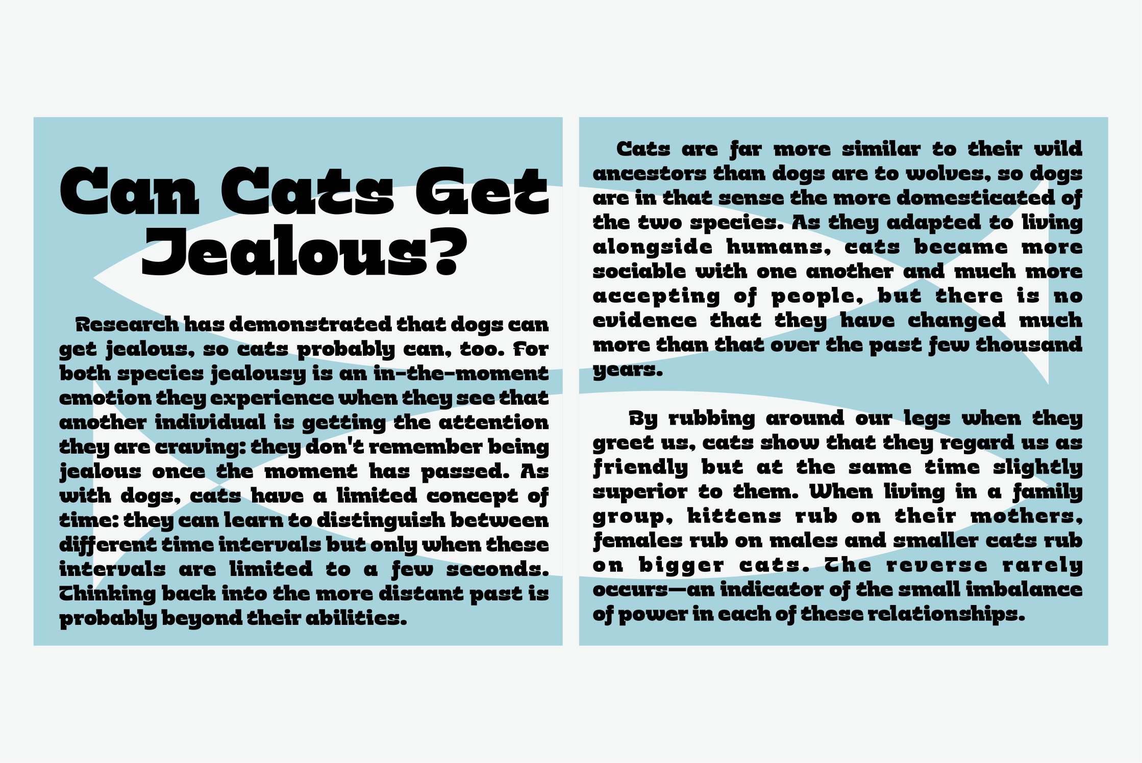 Two-column layout with slab serif font discussing cat jealousy behavior on blue background