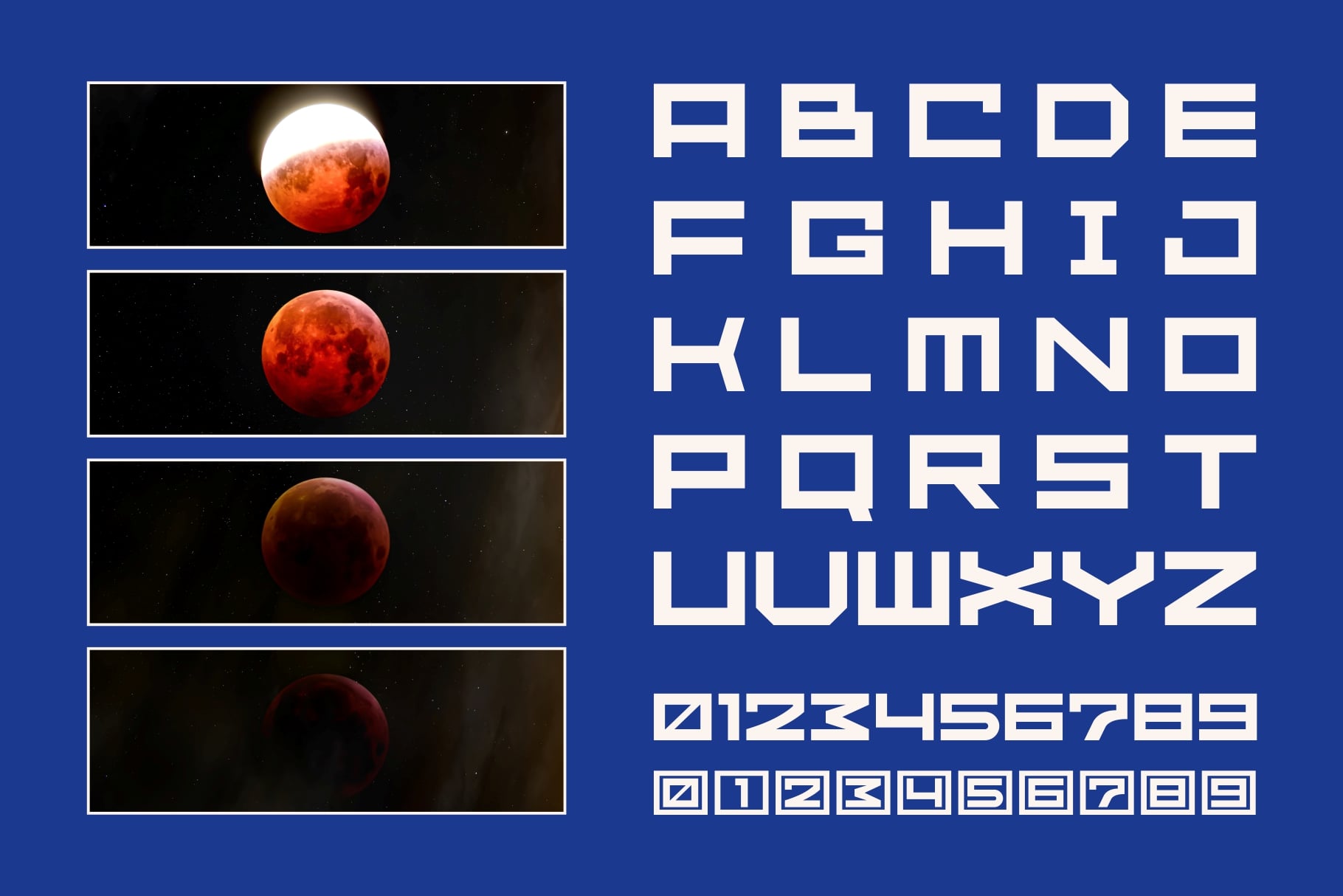 GR Patient font alphabet with red moon phases on dark background