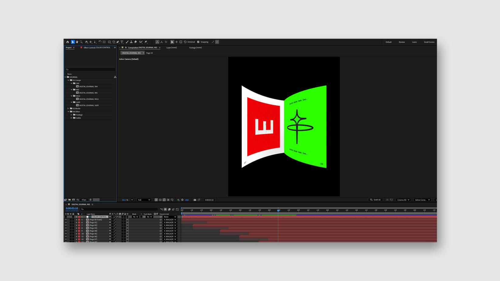 After Effects timeline showing red folder with white E icon, bright neon green page with star cross symbol