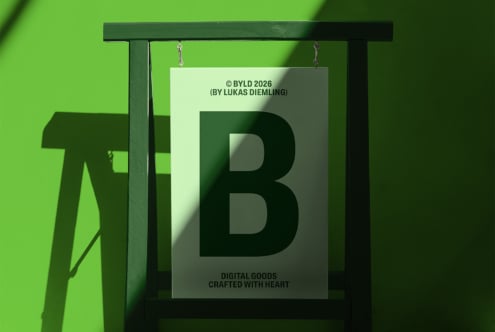 Hanging sign mockup with large green B letter on cream card with shadow