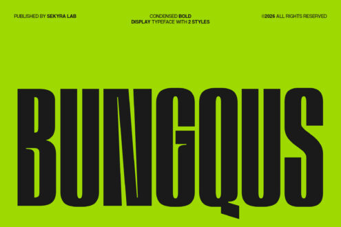 Bunqos condensed bold display typeface in black on bright lime green