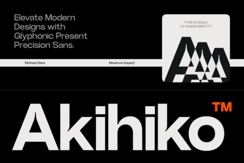 Akihiko typeface display in bold white letters with triangular geometric logo mark