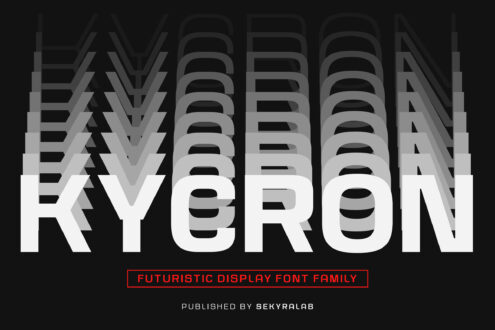 Kycron typeface name in large striped letters with futuristic gradient effect