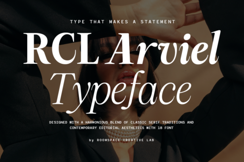 RGL Arruel serif typeface display with editorial styling, 18-font family shown over close-up beauty imagery background
