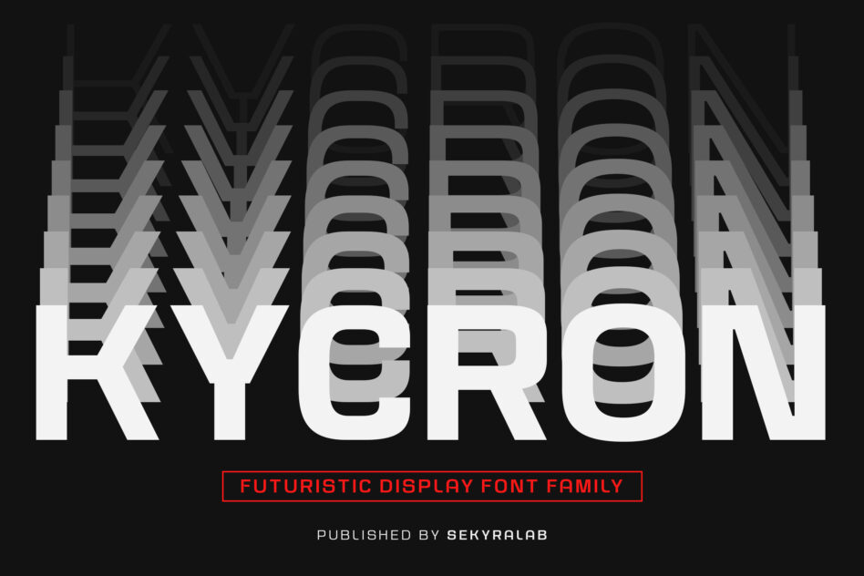 Kycron typeface name in large striped letters with futuristic gradient effect