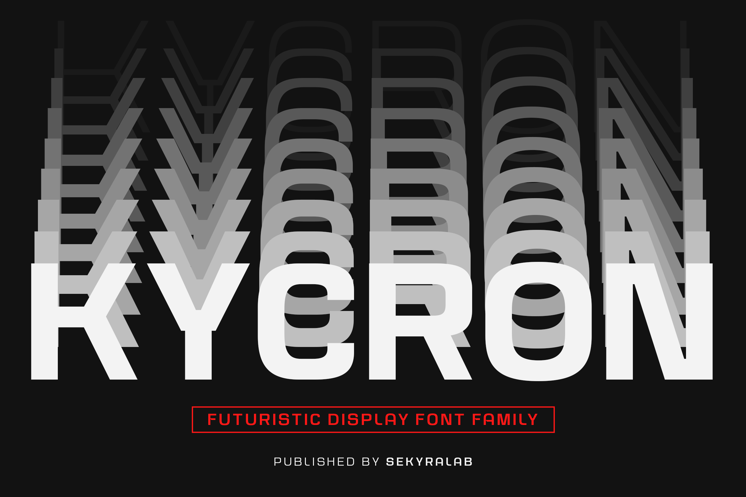 Kycron typeface name in large striped letters with futuristic gradient effect