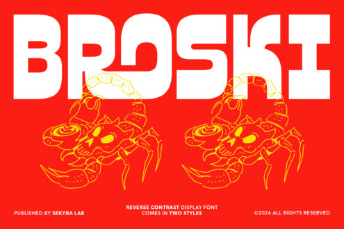 Bd95ft display font in white with yellow line art spider graphics