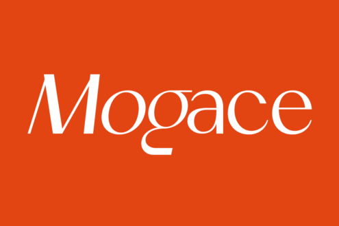 Mogace typeface wordmark in bright orange with clean contemporary proportions