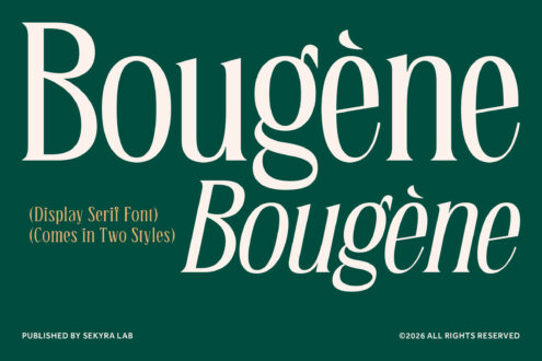 Bougene serif typeface in two styles on forest green background display