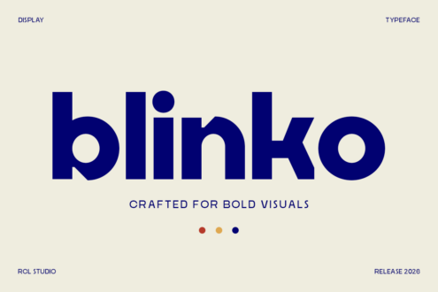 Blinko display typeface specimen with uppercase lowercase numerals color dots on cream background